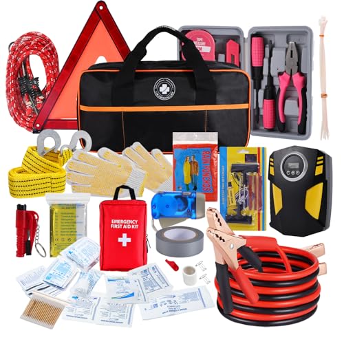 All-in-One Car Emergency Kit with Digital Tire Inflator, Jumper Cable, Tow Strap, Reflective Triangle, First Aid Kit, Hand Crank Flashlight, and Repair Tools for Roadside Safety (Black) - color: Black