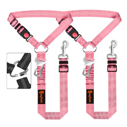 Removable Dog Seat Belt Harness for Car, 3 in 1 Pet Dog Car Seatbelt Leash, Retractable Restraint Secures to Vehicle Headrest & Adjustable Reflective Bungee Dog Seatbelt Tether, Pink - color: 2PCS Pink