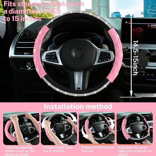 Steering Wheel Cover，with Diamond Crystal Rhinestone,Delicate and Anti-Slip Bling Steering Wheel Cover ，Adaptable to 14.5-15 inches Car Wheel Protector for Women Girl ，Black & Pink - color: Black+Pink