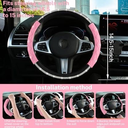 Steering Wheel Cover，with Diamond Crystal Rhinestone,Delicate and Anti-Slip Bling Steering Wheel Cover ，Adaptable to 14.5-15 inches Car Wheel Protector for Women Girl ，Black & Pink - color: Black+Pink