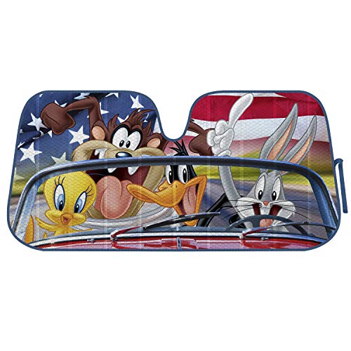 BDK Looney Tunes Road Trip Windshield Sun Shade - 58 x 27 in, Double Bubble Design, UV Blocker - Keeps Your Vehicle Cool, Accordion Foldable Car Accessories - Warner Bros Car Window Shades - color: Looney Tunes Road Trip