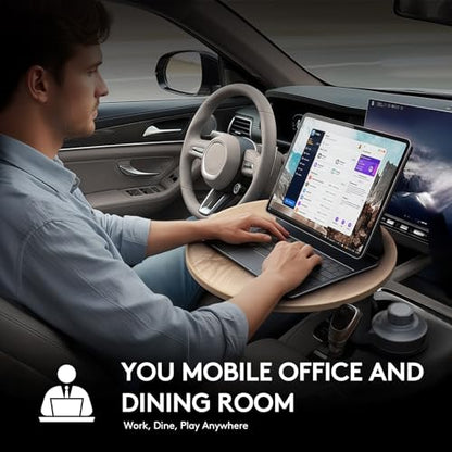 Car Desk for Laptop & Car Table Tray, Height-Adjustable 360° Rotating Wood Car Laptop Mount, Cup Holder Table, Steering Wheel Tray, Compatible with Tesla & Most Vehicles - color: Ash