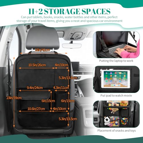 2 Pack Backseat Car Organizer with Touch Screen Tablet Holder, Upgraded Car Seat Organizer with Tray, 9 Storage Pockets with Foldable Food Tray, Protector Kick Mats for Kids, Travel Accessories-Black