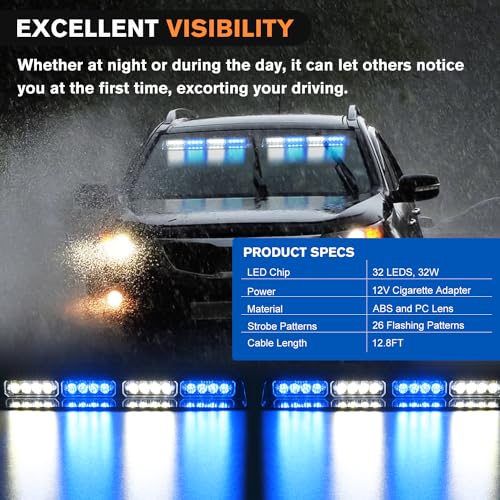 Nilight 32LED Blue White Emergency Dash Strobe Lights with Controller Suction Cups Warning Hazard Interior Front/Rear Windshield Deck Split Light Bar for Truck Construction Vehicle - color: Blue and White