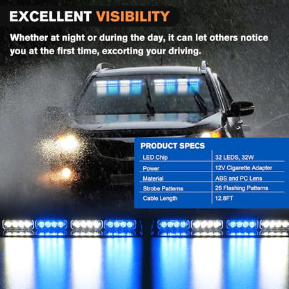Nilight 32LED Blue White Emergency Dash Strobe Lights with Controller Suction Cups Warning Hazard Interior Front/Rear Windshield Deck Split Light Bar for Truck Construction Vehicle - color: Blue and White