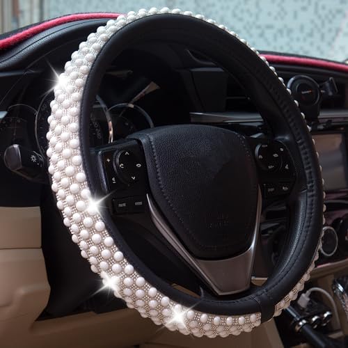 Leather Bling Steering Wheel Cover Women Rhinestone White Soft Comfortable Glitter Sparkly Universal 15 inch Steering Wheel Cover Non-Slip Car Accessories - color: Pearl White