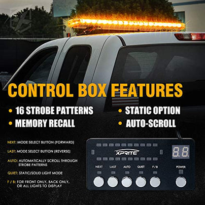 Xprite 48 Inch LED Amber Rooftop Emergency Warning Lights Bar 16 Strobe Patterns w/Adjustable Mounting Brackets for Vehicles, Security, Law Enforcement, Snowplow, Tow Trucks, Crane, Construction Cars - color: Amber