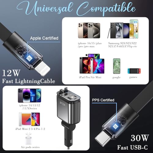 4 in 1 Retractable Car Charger with Starry Light,69W USB-C Fast Car Charger, for iPhone 17/16/15/14/13/12/11, Android,Pixel,Cigarette Lighter Charger (for Lightning+USB-C) - size: for Lightning+USB-C