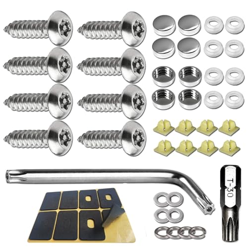 BGGTMO License Plate Screws Anti Theft -Stainless Steel Tamper Resistant Locking Front or Rear Car Tag Frames Bolts Set,1/4 Metric M6 Security Rust Proof Self-Tapping Screws,Fasteners Nut,Chrome Caps - color: Silver-03