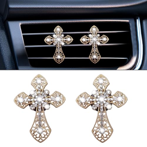 Bling Car Dashboard Air Vent Trim Clips, Crystal Rhinestone Air Vent Clips, Car Interior Decoration Accessories, Cross Air Conditioning Outlet Clip for Women Girls (Gold, 2PCS) - color: Gold-2PCS