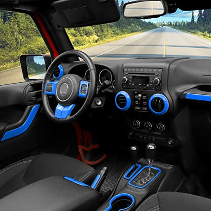 CheroCar 18PCS Interior Trim Kit for Jeep Wrangler JK JKU 2011-2018 4 Door,Steering Button Frame, Air Conditioning Vent Trim Cup Holder Cover,Gear Shift Knobs Frame,Blue… - color: Blue