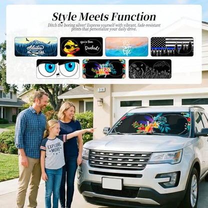 63"x28.5" Car Windshield Sun Shade with Storage Pouch, Stylish Printed Front Window Sunshade with Double Ring Frame, Universal Fit Foldable Heat Blocker & UV Protector for SUV, Sedan (Good Vibes) - color: Good Vibes