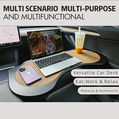 Frins for Tesla Car Desk,Foldable Car Table for Laptop(PU Leather &Wood Grain),Tesla Model Y/3 Accessories Tray,Car Tray for Dining/Work/Study/Game/Makeup/Travel/Outdoor for Model Y/3/X &Most Vehicles