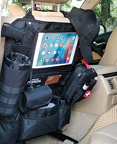 Upgrade Tactical Seat Back Organizer Molle Car Seat Organizer with 4 Detachable Pouches: Trauma Medical Pouch, Water Bottle Pouch, Vehicle Protector Organizers (Modern B Black) - style: Modern B Black