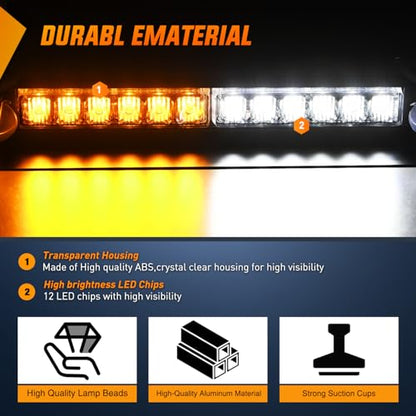 Nilight 12LED Traffic Advisor Strobe Light Bar Amber White Emergency Warning Hazard Safety Dash Front/Rear Windshield Flashing Lights for Cars Trucks Police Firefighter Plow Construction Vehicles - color: Amber White