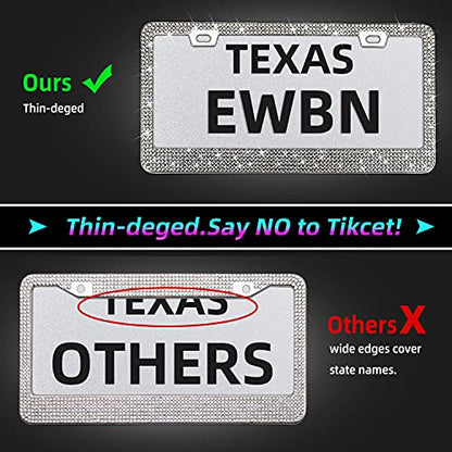 1Pack Bling Rhinestone License Plate Frame for Women，Diamond Sparkly License Plate Frames| Stainless Steel Frames & Over 1200 pcs Finest 14 Facets Black Glass Crystals Premium Diamond+GiftBox (White) - color: White