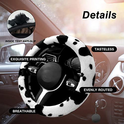 6PCS Set car Interior Aesthetic Accessories, Fluffy Cute Cows Steering Wheel Cover, armrest pad, seat Belt Cover,Gear Shift Cover, Fit Girly car - color: cows