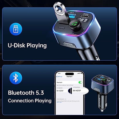 SYNCWIRE Bluetooth 5.3 FM Transmitter Car Adapter 38W [Light Switch] [HiFi Bass Sound] [Fast Charging] Wireless Radio Music Adapter LED Display Hands-Free Calling Support USB Drive - color: Dark Blue, style: 38W