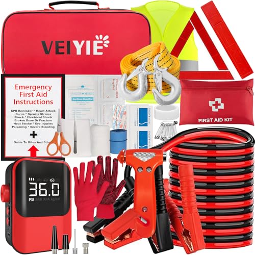 Roadside Emergency car kit for Vehicles, Car First Aid Emergency kit with Portable Air Compressor, Heavy Duty Jumper Cables, Tow Strap, Road Trip Essentials Safety kit, New Driver Gifts - color: Red, size: Essential Kit+Tire Inflator