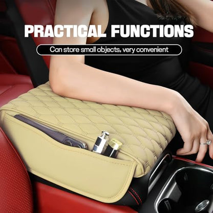 wuyaoyao Car Center Console Cover, 12.13"×8.66"×3.74" Leather Car Armrest Cover with with 2 Side Pockets, Memory Foam Soft Auto Armrest Cushion Pad, Universal Vehicle Arm Rest Protector (Beige) - color: Beige