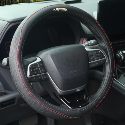 KAFEEK 15 inch Steering Wheel Cover, Breathable Perforated Microfiber Leather, Sporty Diamond Texture, Anti-Slip Red Stitching Car Steering Wheel Protector, Universal Fit for Cars SUVs Trucks, Black - color: black2