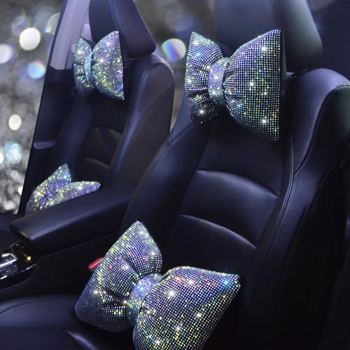 Bling Car Neck Pillow with Bow Tie Rainbow Crystal Rhinestone Diamond Automotive Accessories for Ladies and Woman Girls Driving Comfort Auto Seat Pillow for Driver Colorful 2Pcs - color: Color