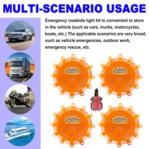 4 Pack Automotive Light LED Roadside Emergency Safety Flare Lights Hook Flashing Warning Beacon Disc Kit for Car Truck Vehicle Boat Automotive Security Rescue Search (Batteries not Included)