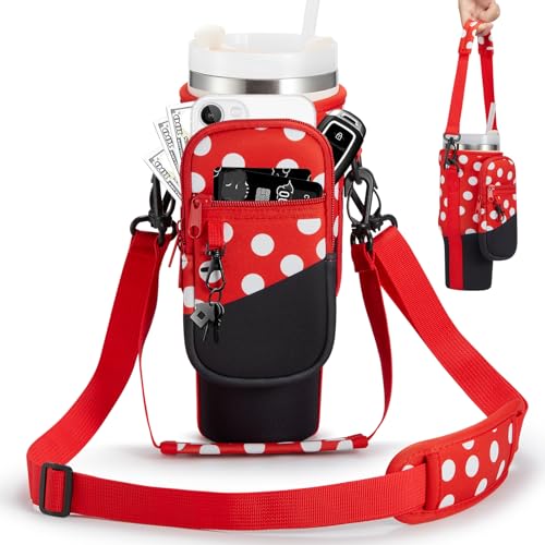 BULKITEM Water Bottle Carrier Bag with Phone Pocket for Stanley 40 & 30 oz Tumbler with Handle,Pink Insulated Neoprene Cup Holder Pouch w/Adjustable Strap for Quencher H2.0 Stanley Cup Accessories - color: Polka Dot Red, size: 40oz