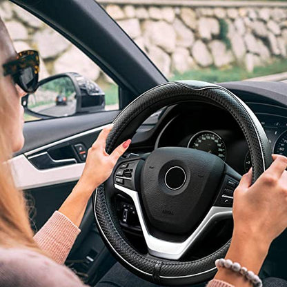 Rueesh Microfiber Leather Steering Wheel Cover Anti-Slip Matte Finish Auto Car Wheel Cover Universal 15 Inch Wheel Cover for Car Embossing Pattern (M (14.5"-15" Diameter), White Line) - color: White
