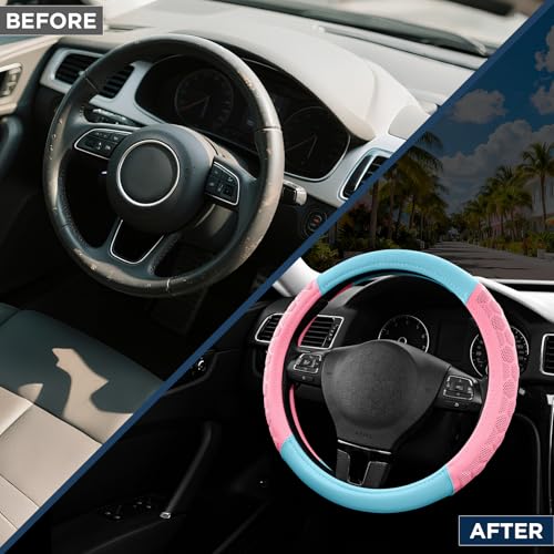 PIC AUTO Massage Steering Wheel Cover, Pink Football Pattern Material Spliced & Light Blue Leather Car Steering Wheel Cover, Car Steering Cover, Universal Fit 14.5"-15.5" for Cars, Trucks, Van, SUVs - color: Light Blue