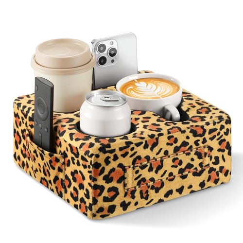 Luxspire Couch Cup Holder Tray, Couch Cup Holder Pillow with 4 Holes, Side Pocket and Handle, Couch Caddy Pillow for Phone/Drinks/Remote Control/Snacks, Leopard Print - color: Leopard Print
