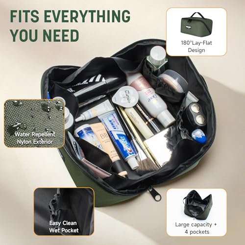 Wrangler Travel Toiletry Bag for Men & Women, Large Capacity Makeup Organizer with 4 Pockets, Water-Resistant Nylon, 180° Lay-Flat Cosmetic Bag with Handle & Double Zipper for Travel, Bathroom & Gym - color: Olive