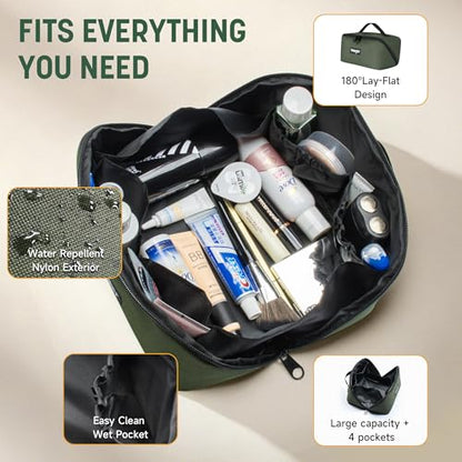Wrangler Travel Toiletry Bag for Men & Women, Large Capacity Makeup Organizer with 4 Pockets, Water-Resistant Nylon, 180° Lay-Flat Cosmetic Bag with Handle & Double Zipper for Travel, Bathroom & Gym - color: Olive