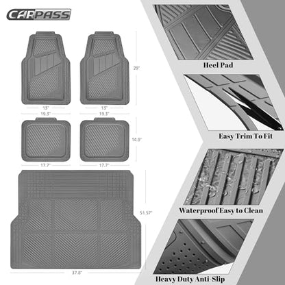 CAR PASS Heavy Duty Rubber Floor Mats Gray Car Mats Full Set with Trunk Cargo Liner - Universal Waterproof Floor Mats for Car SUV Truck, Durable All Weather Automotive Liner Mats (All Gray) - color: Gray Cargo Liner