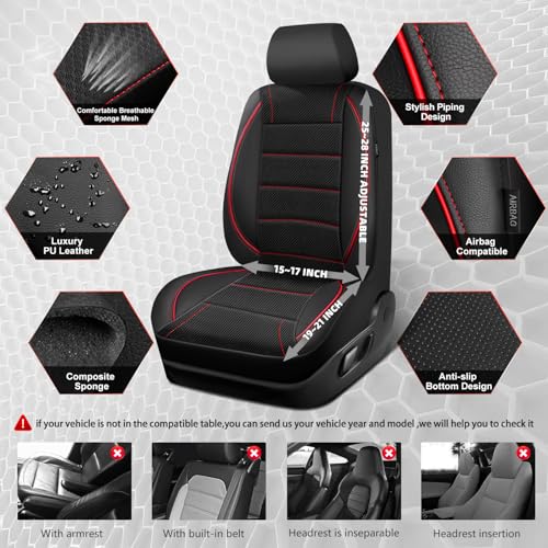 CAR PASS Air Mesh Leather Car Seat Covers Front Seats, Breathable Two Front Seat Covers for Cars, Comfortable Universal Fit for SUV Truck Sedan Automotive, Anti-Slip Airbag Compatible,Black and Red - color: Black Red Mesh