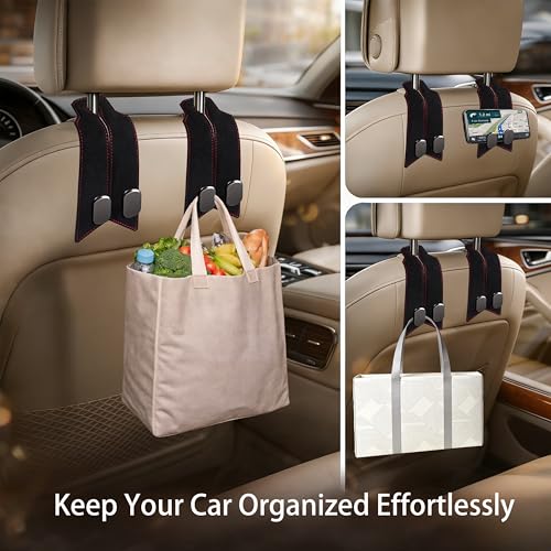 Premium Leather Car Headrest Hooks for Purses, 2 Pack Heavy Duty Car Seat Hooks, 360° Rotatable Back Seat Hanger Organizer, Metal Car Hooks for Bags, Groceries, Handbags (2, Black) - color: Black