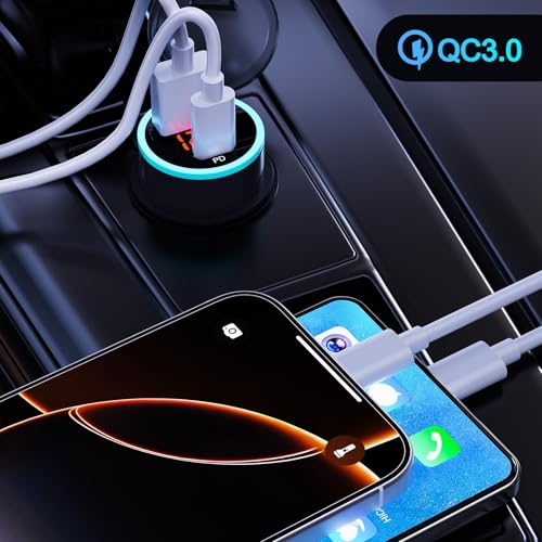 20W USB C Car Charger with PD & QC3.0, Dual Port Fast Charging Adapter with LED Voltage Display, Compatible with iPhone, Samsung, Android, for 12V/24V Cars and Trucks