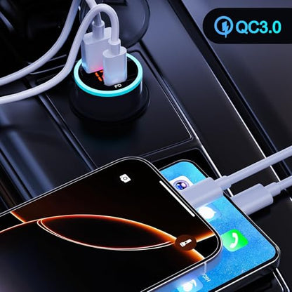 20W USB C Car Charger with PD & QC3.0, Dual Port Fast Charging Adapter with LED Voltage Display, Compatible with iPhone, Samsung, Android, for 12V/24V Cars and Trucks