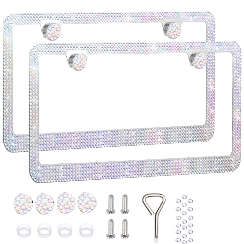 2 Pack License Plate Frames for Women, Sparkly Rhinestone Diamond Car Accessories with Glitter Crystal Caps (Colorful (2PCS)) - color: Colorful (2PCS)