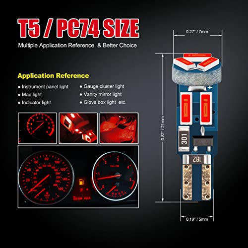 High Bright Red T5 37 74 PC74 PC37 LED Bulb with Twist Lock Socket for Dashboard Instrument Panel Gauge Cluster Light and Map Vanity Mirror Glove Box Indicator Light - color: Red