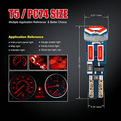 High Bright Red T5 37 74 PC74 PC37 LED Bulb with Twist Lock Socket for Dashboard Instrument Panel Gauge Cluster Light and Map Vanity Mirror Glove Box Indicator Light - color: Red