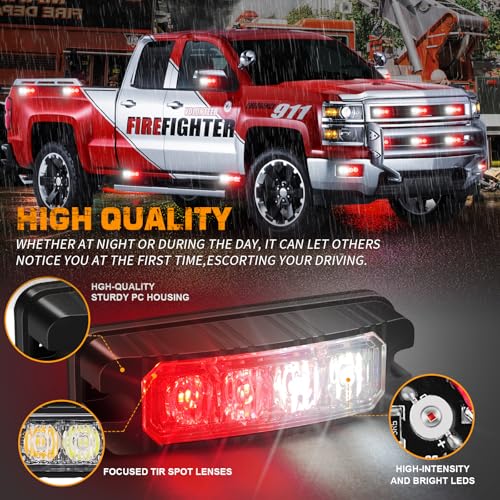 XRIDONSEN 8PCS Sync Grill Emergency Lights 32 LED Red White Firefighter Lights Grille Surface Mount Strobe Flashing Warning Safety Hazard First Responder Light for Vehicles POV Fire Fighter Trucks - color: Red/White