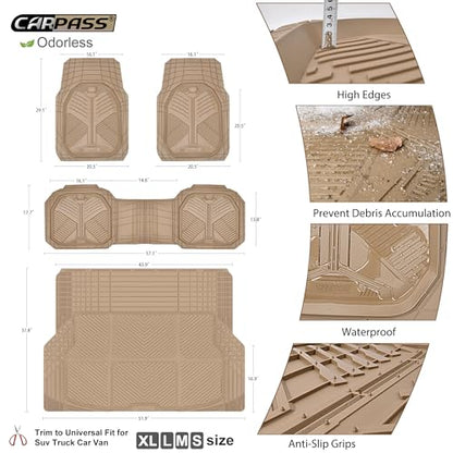 CAR PASS Heavy Duty Rubber Car Mats with Cargo Liner, Deep-Dish Car Floor Mats and Trunk Mat All Weather, Universal Trim-to-Fit for SUVs Trucks Sedans, Waterproof Anti-Slip, Trimmable V12 Beige - color: Beige Full Set