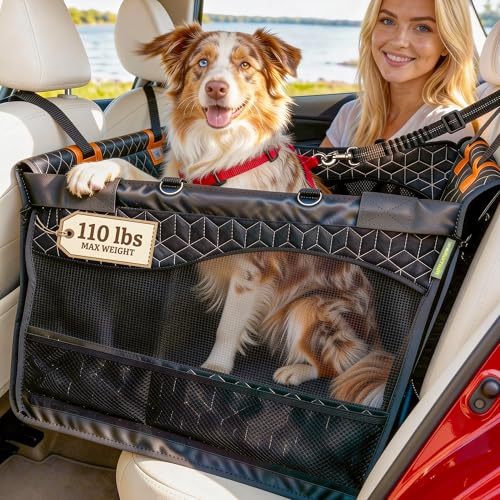 Dog Car Seat for Large Medium Dogs | Waterproof Dog Seat Cover for Back Seat with Hard Bottom | Alloy Twist-Lock Rods | 3 Mesh Windows | Removable Fleece Mat | Cars, SUVs, Trucks - color: Black