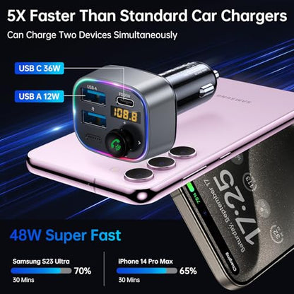 Syncwire Bluetooth 5.4 FM Transmitter Car Adapter 48W (PD 36W & 12W) [Light Switch] [Hi-Fi Deep Bass] [Fast Charge] Wireless Radio Music Adapter LED Display Hands-Free Calling Support USB Drive - color: Silver, style: 48W