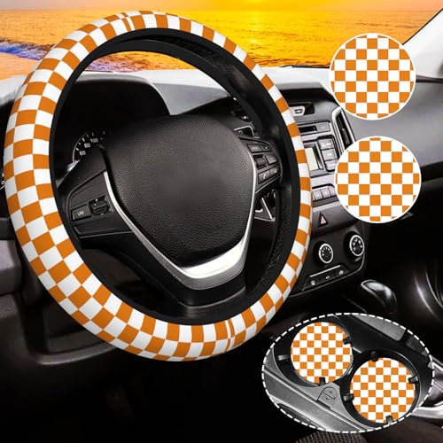 Yellow Checkered Steering Wheel Cover for Women,Universal Auto Steering Wheel 14-15 Inch Car Interior Accessories with 2PCS Car Coasters,Suitable for Men and Women - color: yellow