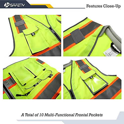 JKSafety 10 Pockets Class 2 Hi-Vis Zipper Front Yellow Safety Vest | Cushioned Collar | High Reflective Tapes with Extended Neon Orange Strips | Meets ANSI/ISEA Standards (Medium, 89-Yellow) - color: Yellowt2s1, size: Medium