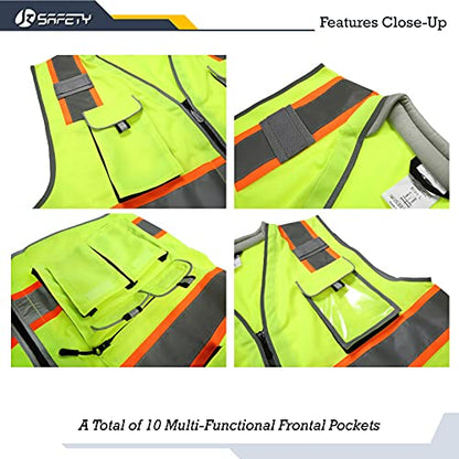 JKSafety 10 Pockets Class 2 Hi-Vis Zipper Front Yellow Safety Vest | Cushioned Collar | High Reflective Tapes with Extended Neon Orange Strips | Meets ANSI/ISEA Standards (Medium, 89-Yellow) - color: Yellowt2s1, size: Medium