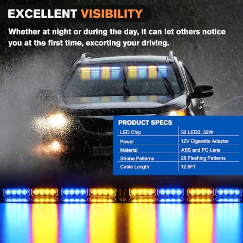 Nilight 32LED Amber Blue Emergency Dash Strobe Lights with Controller Suction Cups Warning Hazard Interior Front/Rear Windshield Deck Split Light Bar for Trucks Construction Vehicles - color: Amber and Blue