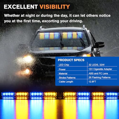 Nilight 32LED Amber Blue Emergency Dash Strobe Lights with Controller Suction Cups Warning Hazard Interior Front/Rear Windshield Deck Split Light Bar for Trucks Construction Vehicles - color: Amber and Blue